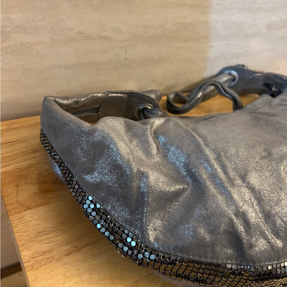 Treesje Metallic Leather Silver Croc-Texture Shoulder Bag with Sequin Trim - Picture 5 of 15